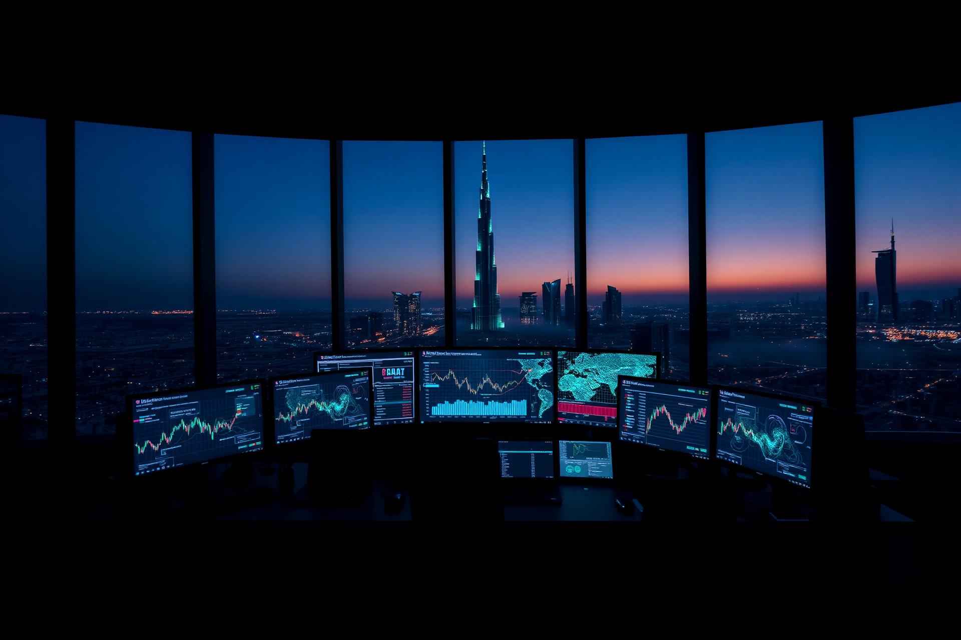 Noble Falcon Capital trading desk in London at dusk